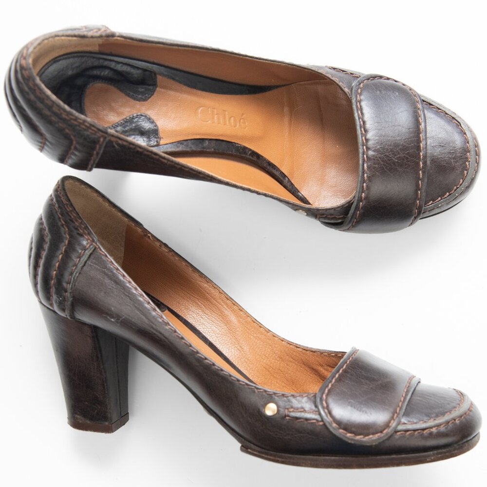 Chloe Pumps Leather Block Heel Shoes Made In Italy Brown Size 36